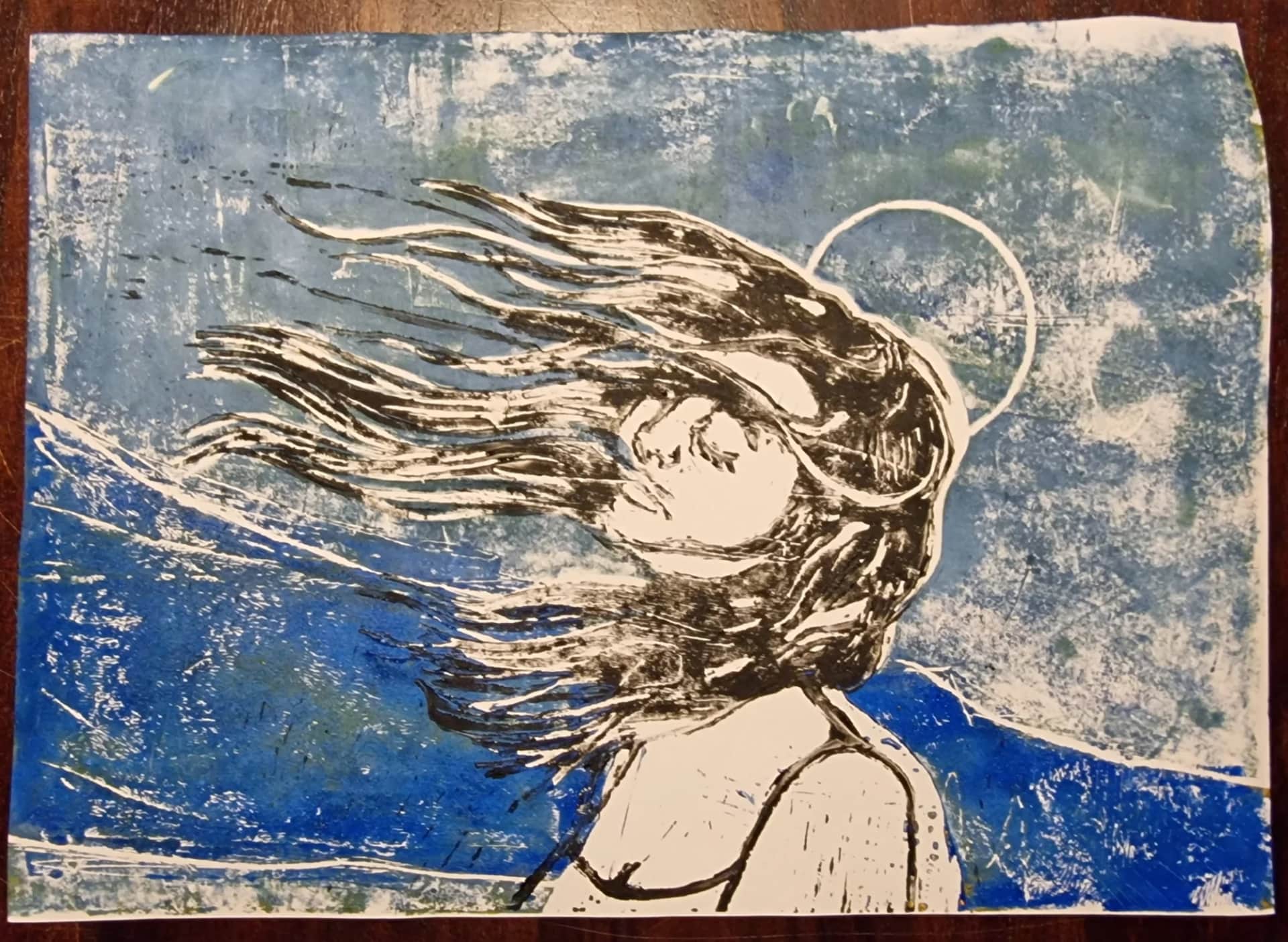 Lino-trykk "Sol-jenta"