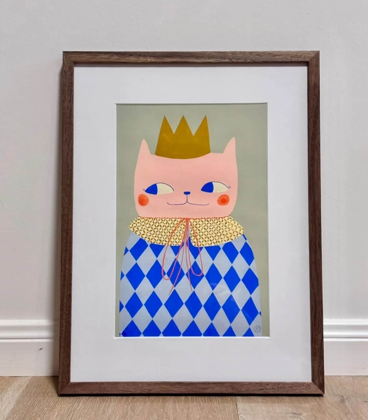 Original, Katt med krone, goache på papir, innrammet