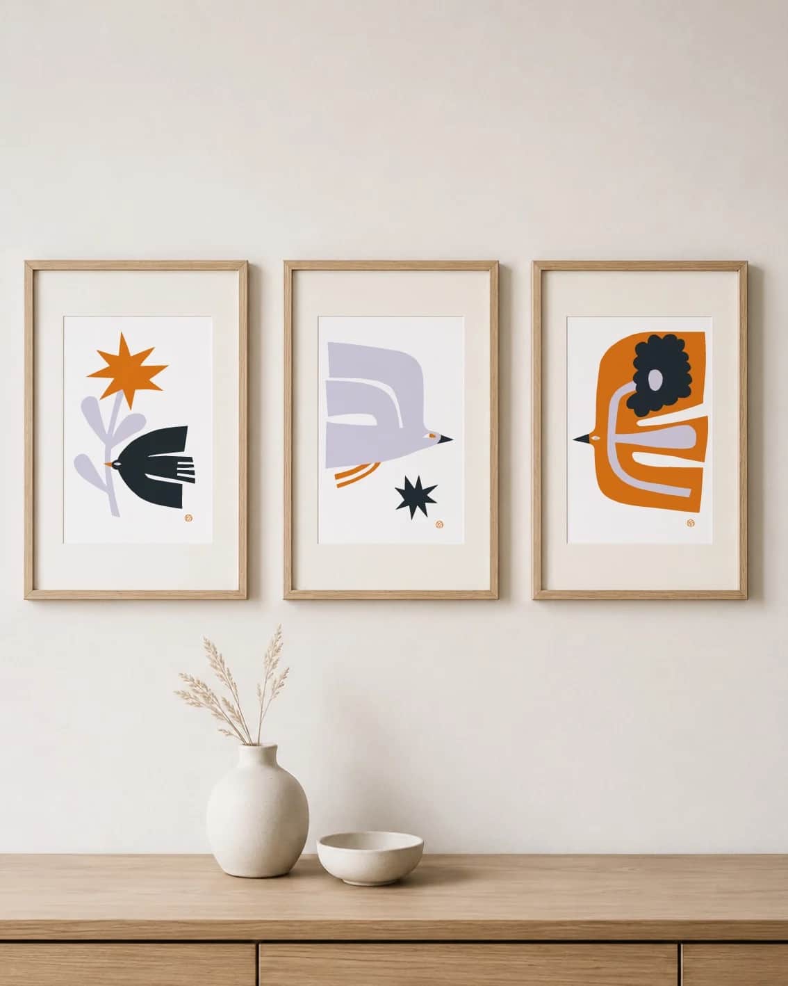 Bildevegg i safran og lavendel, tre miniprint A5
