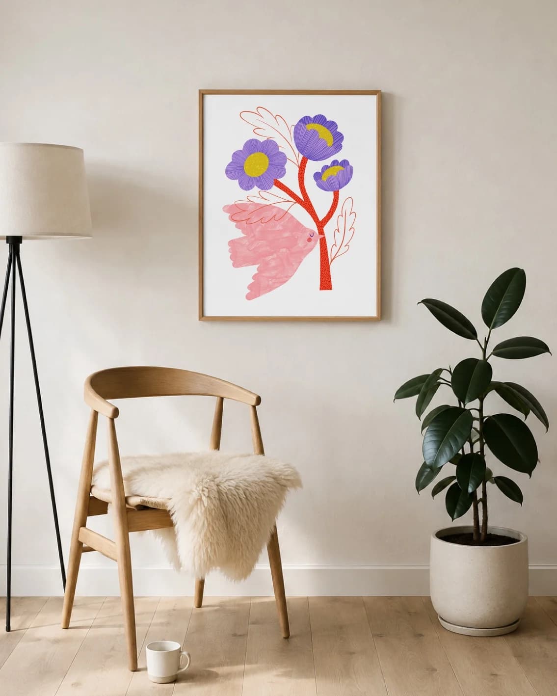 Fugl med stor blomst, rosa fugl, kunsttrykk, signert veggkunst